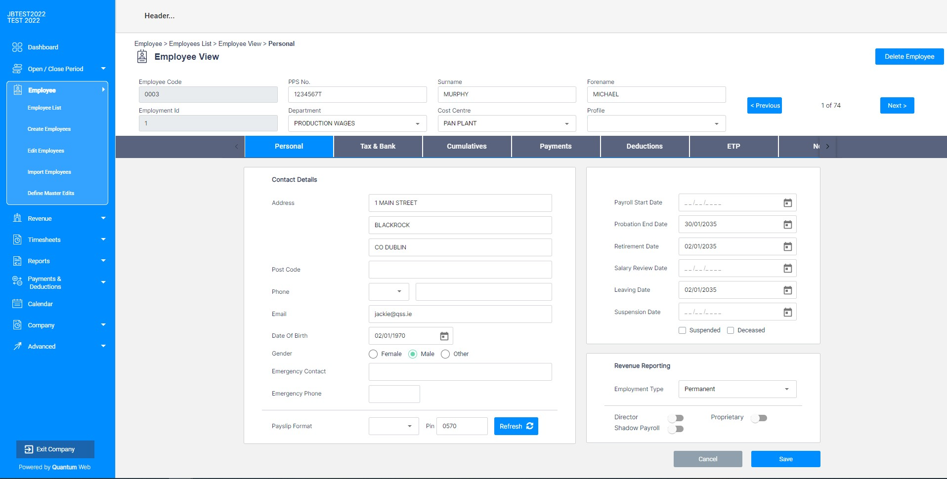 Quantum Payroll employee record showing contact details, payroll dates, and Revenue reporting settings