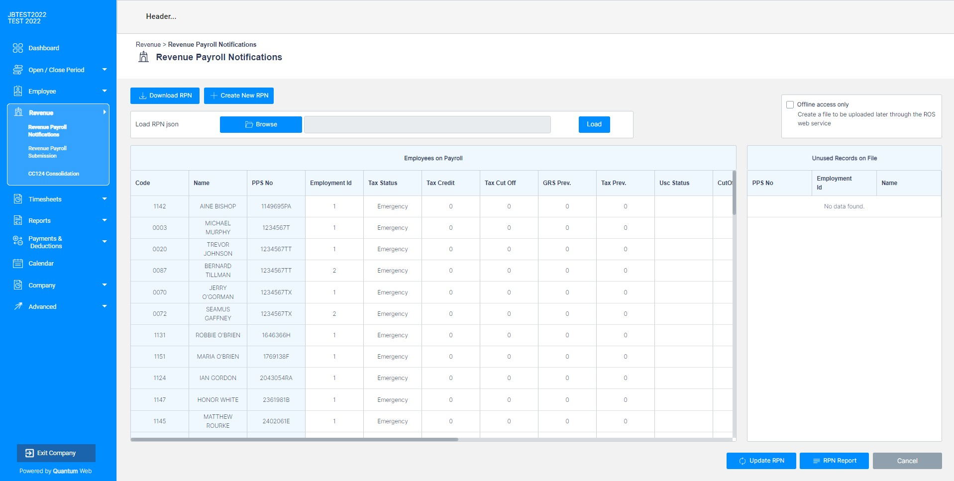 Quantum Payroll Revenue Payroll Notifications screen listing employees on payroll with tax status and credits