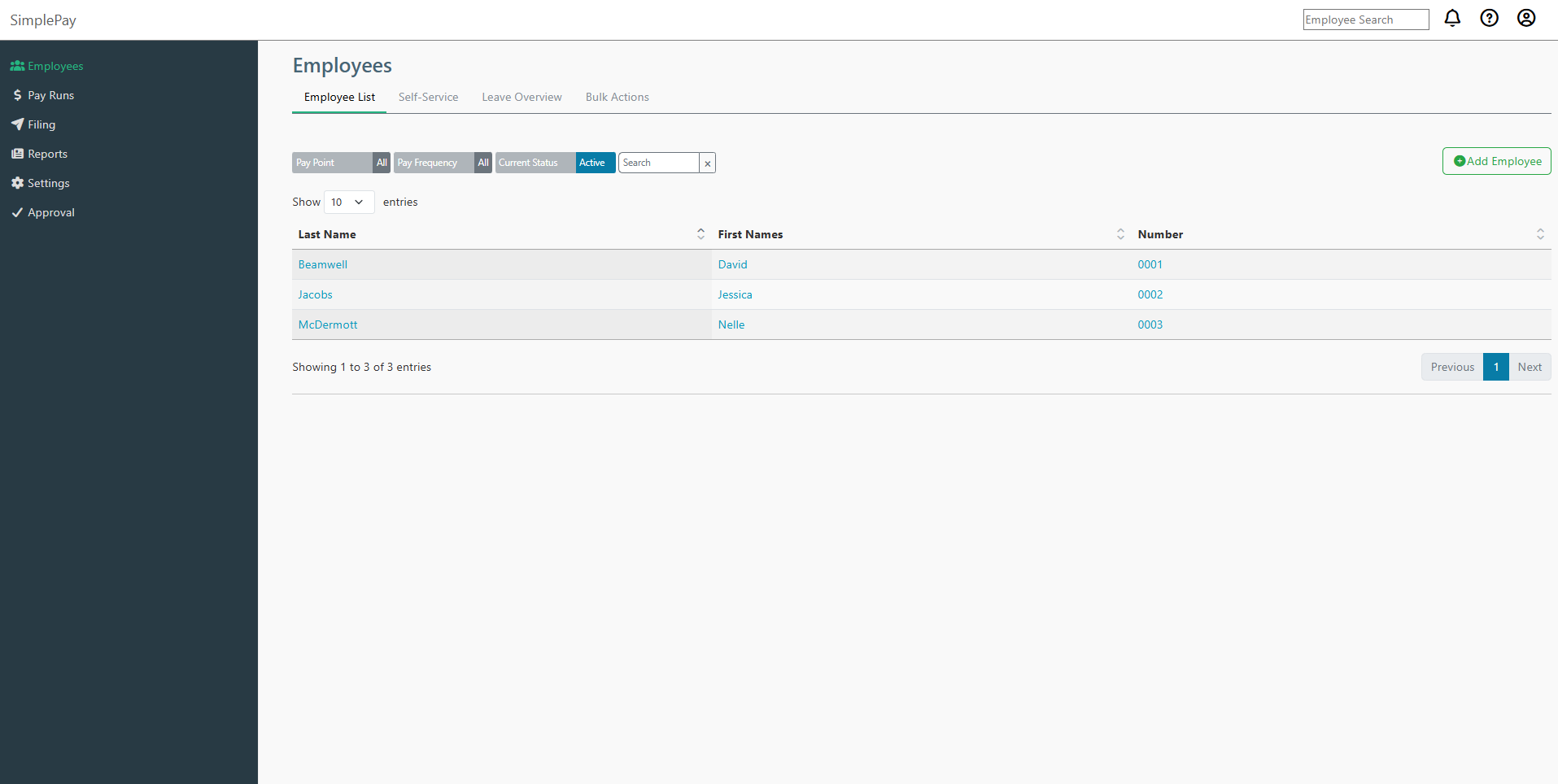 SimplePay employees page listing active employees with self-service, leave overview, and bulk actions tabs
