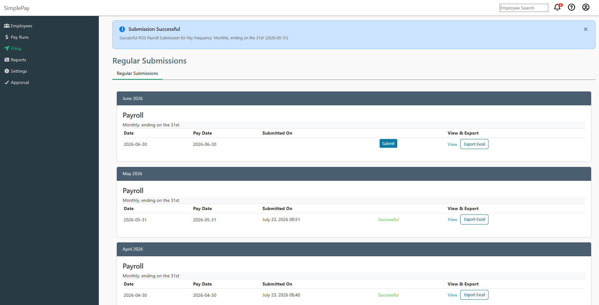 SimplePay filing page showing monthly ROS payroll submissions with a submission successful banner