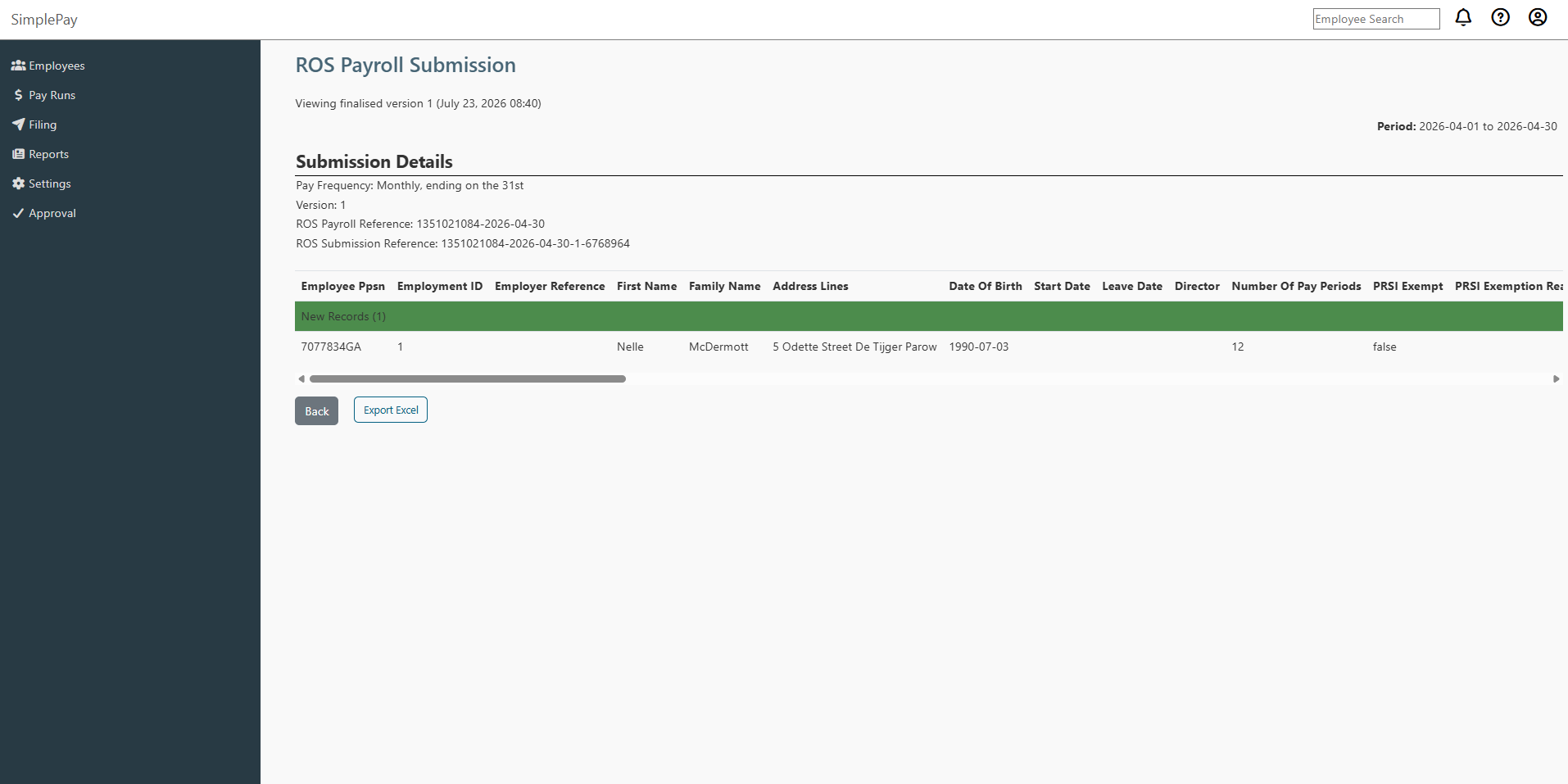 SimplePay ROS payroll submission details showing pay frequency, ROS references, and employee records